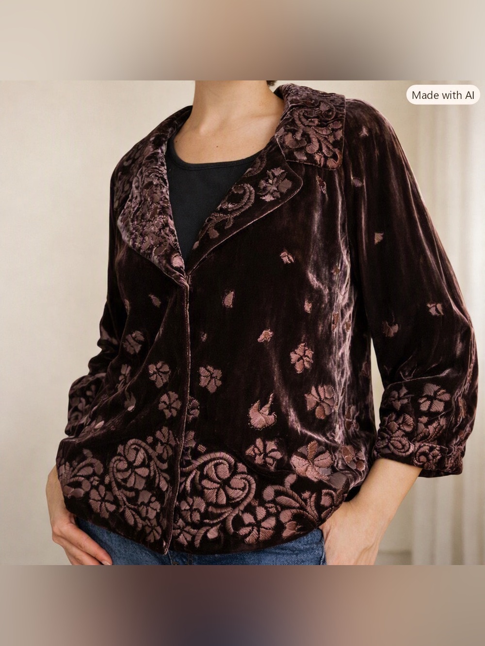 Elie Tahari Velvet Floral Embroidered Button-Front Jacket - Deep Plum